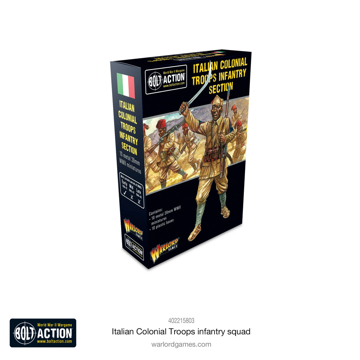 Italian Colonial Troops Infantry Squad Warlord Games 402215803 – pudełko zestawu Bolt Action, czarne opakowanie z ilustracją szarżujących żołnierzy Ascari z szablami i karabinami, flaga włoska, logo Bolt Action i Warlord Games, napis "10 metal 28mm WWII miniatures", Early War
