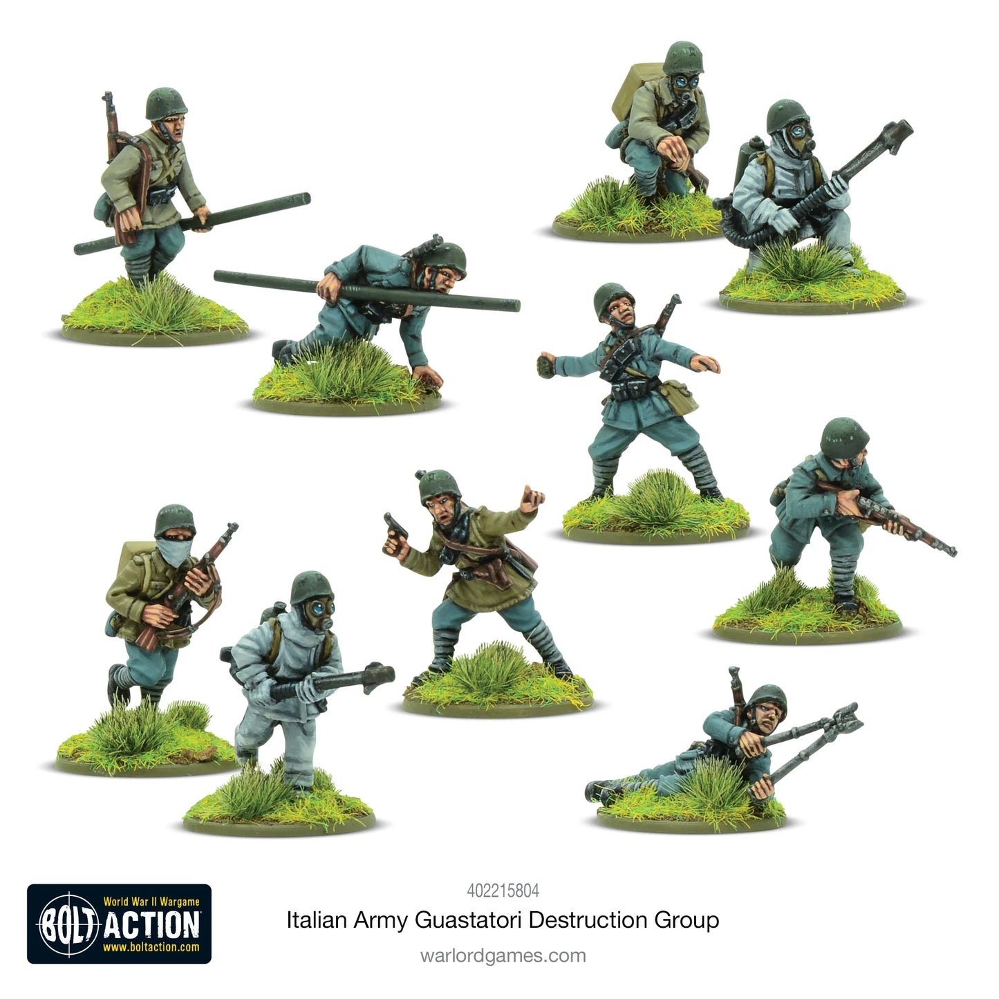 Italian Army Guastatori Destruction Group - Bolt Action 28mm - kompletny zestaw 10 pomalowanych figurek: NCO z pistoletem i karabinem, 2 dwuosobowe zespoły miotaczy ognia z maskami gazowymi, 2 inżynierów z torpedami bangalore, 3 inżynierów z karabinami - mundury grigio-verde i khaki - podstawki z trawą - Warlord Games
