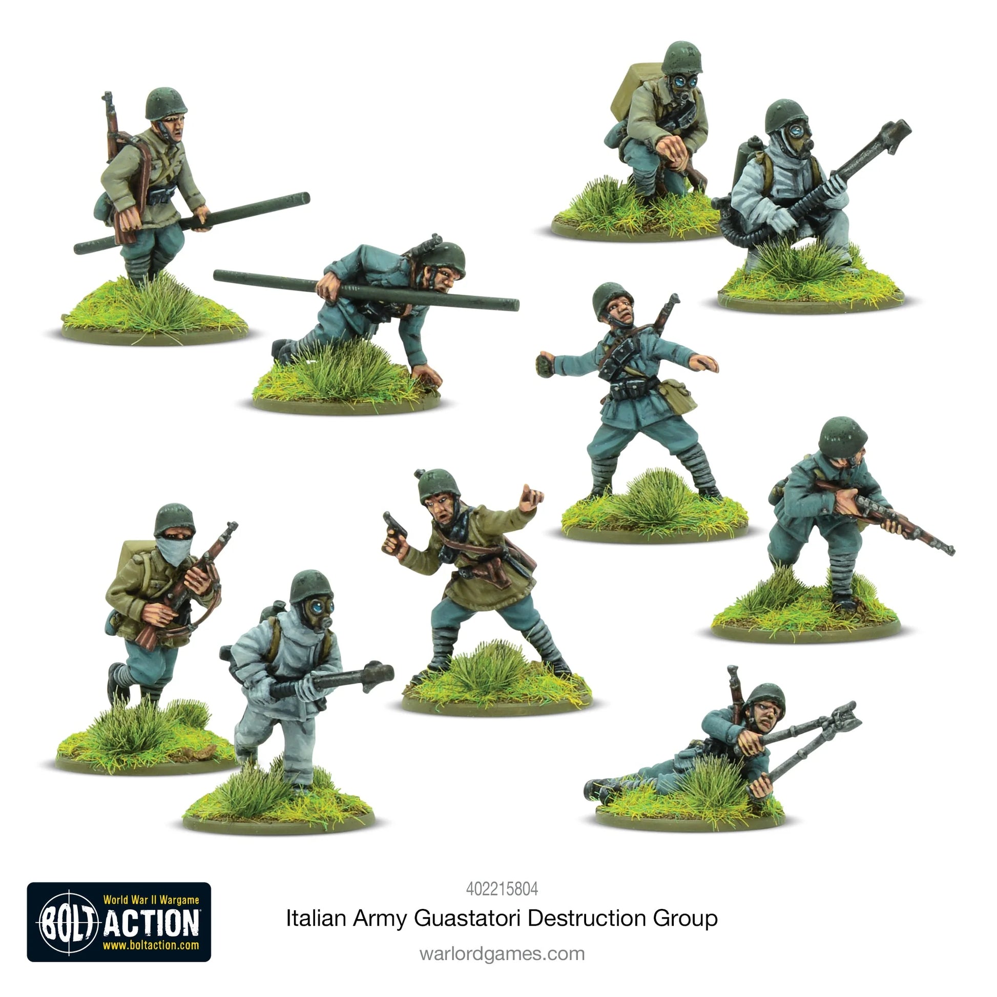 Italian Army Guastatori Destruction Group - Bolt Action 28mm - kompletny zestaw 10 pomalowanych figurek: NCO z pistoletem i karabinem, 2 dwuosobowe zespoły miotaczy ognia z maskami gazowymi, 2 inżynierów z torpedami bangalore, 3 inżynierów z karabinami - mundury grigio-verde i khaki - podstawki z trawą - Warlord Games
