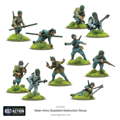 Italian Army Guastatori Destruction Group - Bolt Action 28mm - kompletny zestaw 10 pomalowanych figurek: NCO z pistoletem i karabinem, 2 dwuosobowe zespoły miotaczy ognia z maskami gazowymi, 2 inżynierów z torpedami bangalore, 3 inżynierów z karabinami - mundury grigio-verde i khaki - podstawki z trawą - Warlord Games
