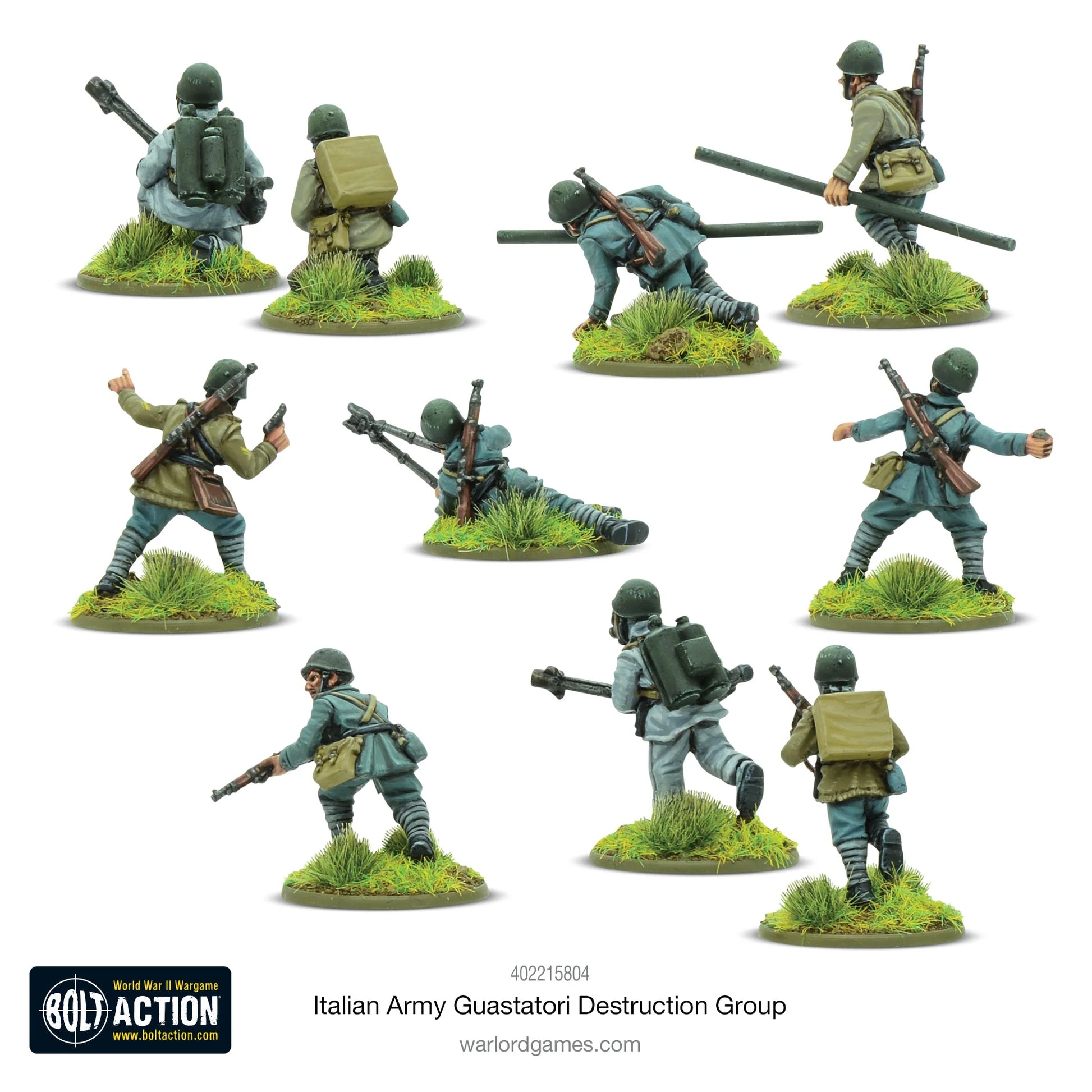 Italian Army Guastatori Destruction Group - Bolt Action 28mm - widok z tyłu: 10 inżynierów szturmowych z plecakami, torpedami bangalore, miotaczami ognia, hełmy stalowe, maski gazowe, różne mundury grigio-verde i khaki - detale wyposażenia niszczycieli - skala 1/56 - Warlord Games