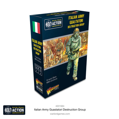 Italian Army Guastatori Destruction Group - Bolt Action 28mm - opakowanie produktu z dramatyczną ilustracją: Guastatori w maskach gazowych z miotaczami ognia niszczący fortyfikacje w płomieniach i eksplozjach - 10 metalowych figurek 28mm WWII miniatures - Warlord Games