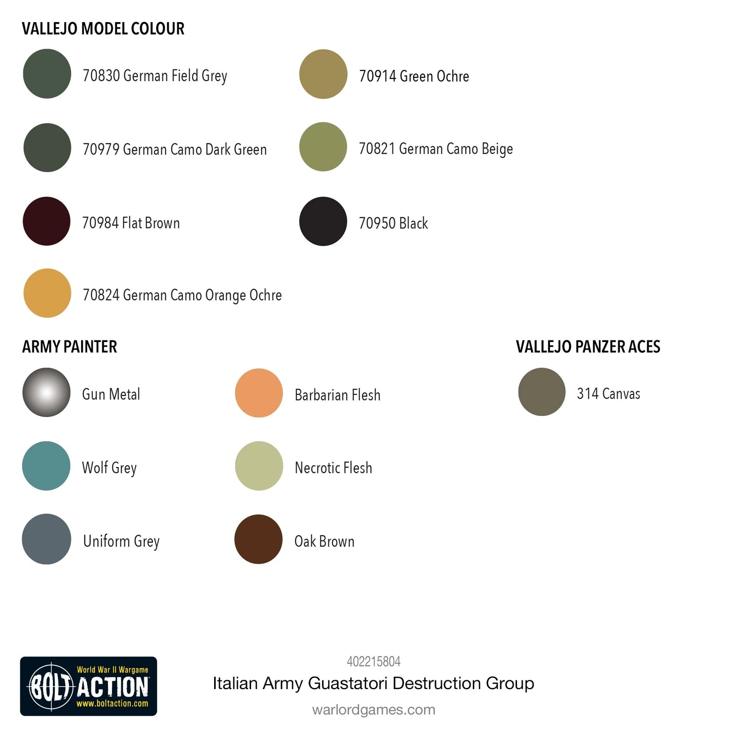 Italian Army Guastatori Destruction Group - Bolt Action 28mm - schemat kolorystyczny malowania: Vallejo Model Colour (German Field Grey, German Camo Dark Green, Flat Brown, Green Ochre, German Camo Beige, Black, German Camo Orange Ochre), Army Painter (Gun Metal, Wolf Grey, Barbarian Flesh, Necrotic Flesh, Uniform Grey, Oak Brown), Vallejo Panzer Aces (Canvas) - przewodnik po farbach - Warlord Games