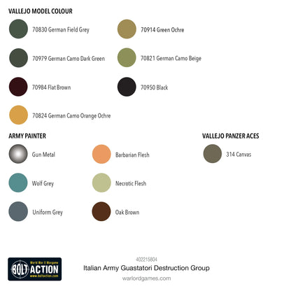 Italian Army Guastatori Destruction Group - Bolt Action 28mm - schemat kolorystyczny malowania: Vallejo Model Colour (German Field Grey, German Camo Dark Green, Flat Brown, Green Ochre, German Camo Beige, Black, German Camo Orange Ochre), Army Painter (Gun Metal, Wolf Grey, Barbarian Flesh, Necrotic Flesh, Uniform Grey, Oak Brown), Vallejo Panzer Aces (Canvas) - przewodnik po farbach - Warlord Games