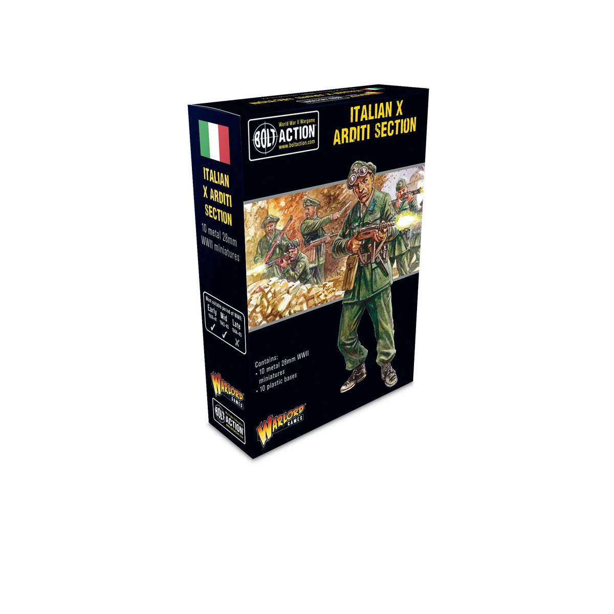Italian X Arditi Section Warlord Games 402215806 – pudełko zestawu Bolt Action, czarne opakowanie z ilustracją szturmującego komandosa Arditi X z pistoletem maszynowym, flaga włoska, logo Bolt Action i Warlord Games, napis "10 metal 28mm WWII miniatures"
