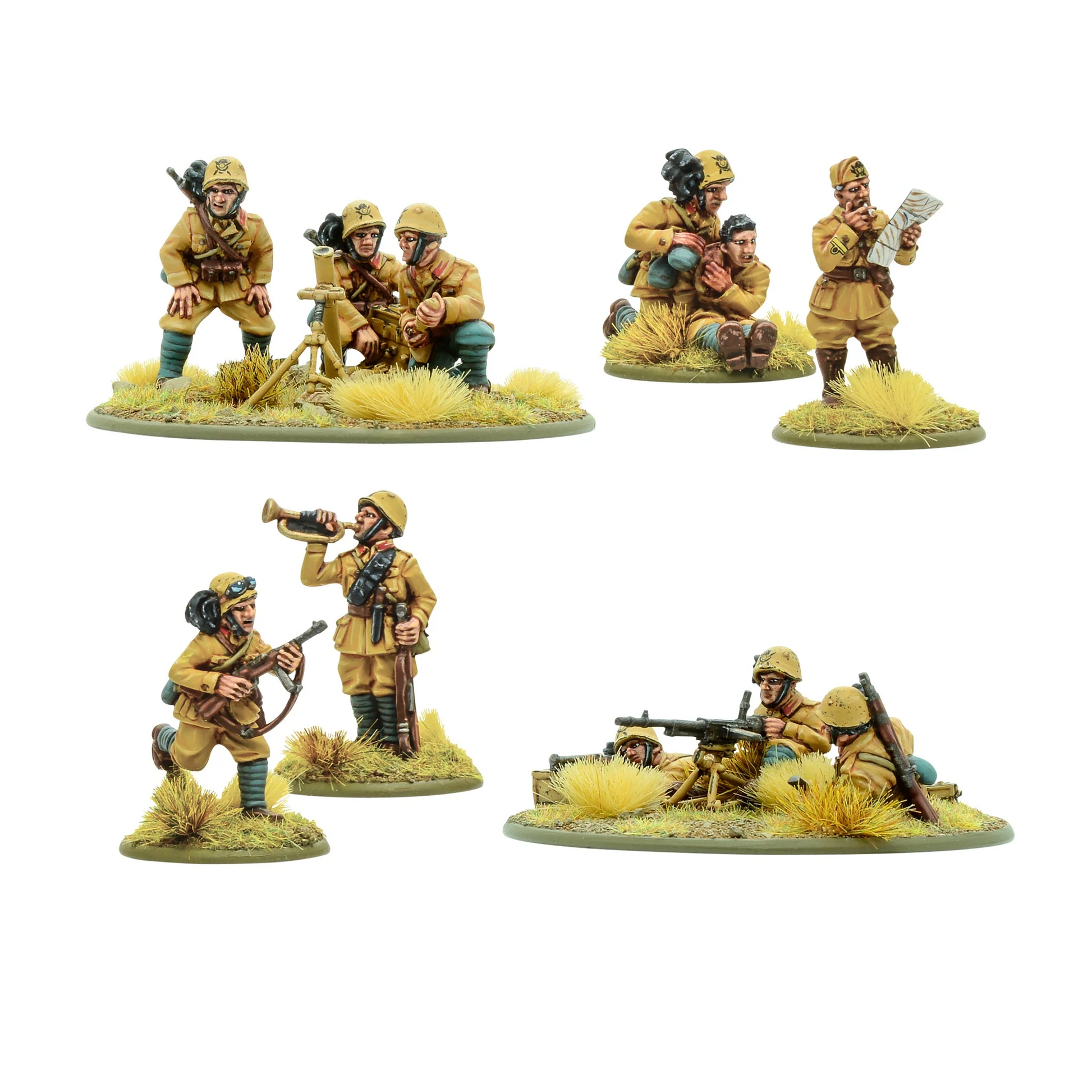 Italian Bersaglieri Support Group - Bolt Action 28mm - kompletny zestaw 11 pomalowanych figurek widok z przodu: 2 oficerów z czapkami alpejskimi i kruczymi piórami, medyk leczący rannego żołnierza, trębacz z trąbką, zespół moździerza 81mm Modello 35 (3 załoga + broń), zespół ckm Breda Modello 37 (3 załoga + broń) - mundury khaki pustynne - podstawki z trawą - Warlord Games