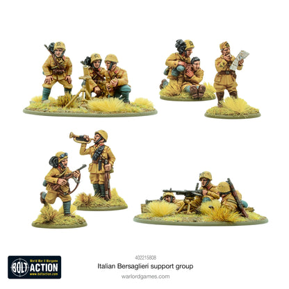 Italian Bersaglieri Support Group - Bolt Action 28mm - kompletny zestaw 11 pomalowanych figurek widok z przodu: 2 oficerów z czapkami alpejskimi i kruczymi piórami, medyk leczący rannego żołnierza, trębacz z trąbką, zespół moździerza 81mm Modello 35 (3 załoga + broń), zespół ckm Breda Modello 37 (3 załoga + broń) - mundury khaki pustynne - podstawki z trawą - Warlord Games