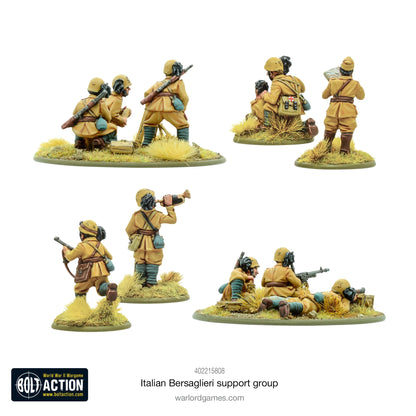 Italian Bersaglieri Support Group - Bolt Action 28mm - kompletny zestaw 11 pomalowanych figurek widok z tyłu: 2 oficerów z plecakami i kruczymi piórami, medyk z rannym, trębacz, zespół moździerza 81mm Modello 35 z amunicją, zespół ckm Breda Modello 37 w pozycji strzeleckiej - detale wyposażenia - skala 1/56 - Warlord Games