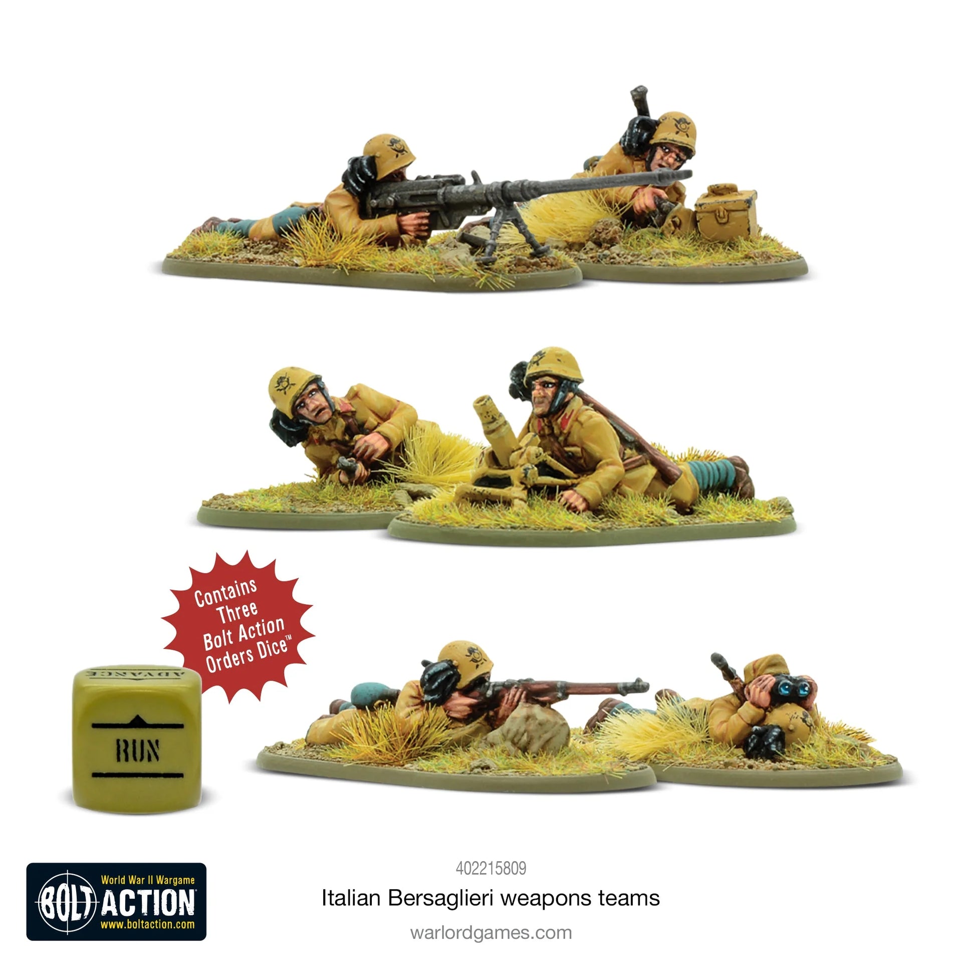 Italian Bersaglieri Weapons Teams - Bolt Action 28mm - kompletny zestaw 6 pomalowanych figurek widok z przodu: zespół Solothurn przeciwpancerny (2 żołnierzy z karabinem na kołowym wózku), zespół snajperski (2 żołnierzy z Carcano Model 1891 i lornetką), zespół moździerza Brixia 45mm (2 żołnierzy z moździerzem) - mundury khaki pustynne z czarnymi piórami głuszca - 3 kostki rozkazów RUN - podstawki z trawą - Warlord Games