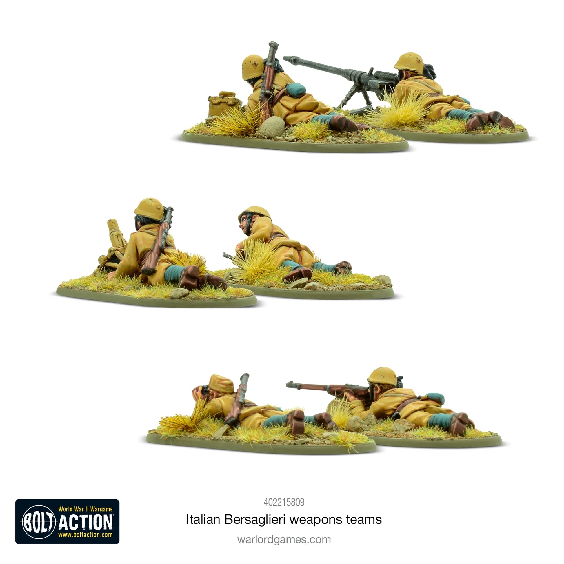 Italian Bersaglieri Weapons Teams - Bolt Action 28mm - kompletny zestaw 6 pomalowanych figurek widok z tyłu: zespół Solothurn z plecakami i amunicją, zespół snajperski z wyposażeniem rozpoznawczym, zespół moździerza Brixia 45mm z amunicją moździerzową - czarne pióra głuszca Le Penne Nere na hełmach - detale wyposażenia - skala 1/56 - Warlord Games