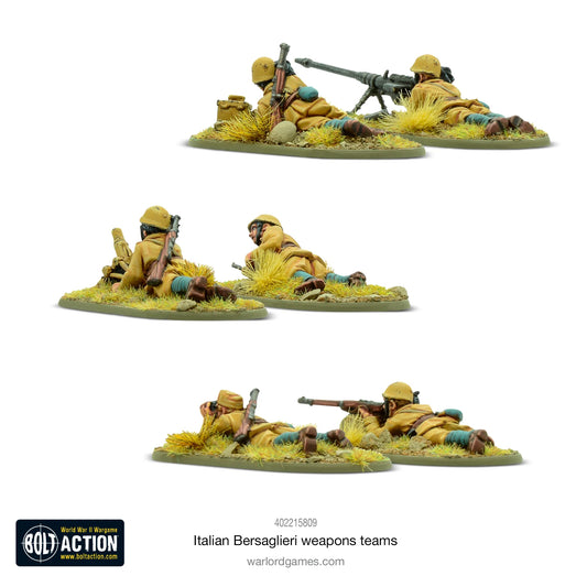Italian Bersaglieri Weapons Teams - Bolt Action 28mm - kompletny zestaw 6 pomalowanych figurek widok z tyłu: zespół Solothurn z plecakami i amunicją, zespół snajperski z wyposażeniem rozpoznawczym, zespół moździerza Brixia 45mm z amunicją moździerzową - czarne pióra głuszca Le Penne Nere na hełmach - detale wyposażenia - skala 1/56 - Warlord Games