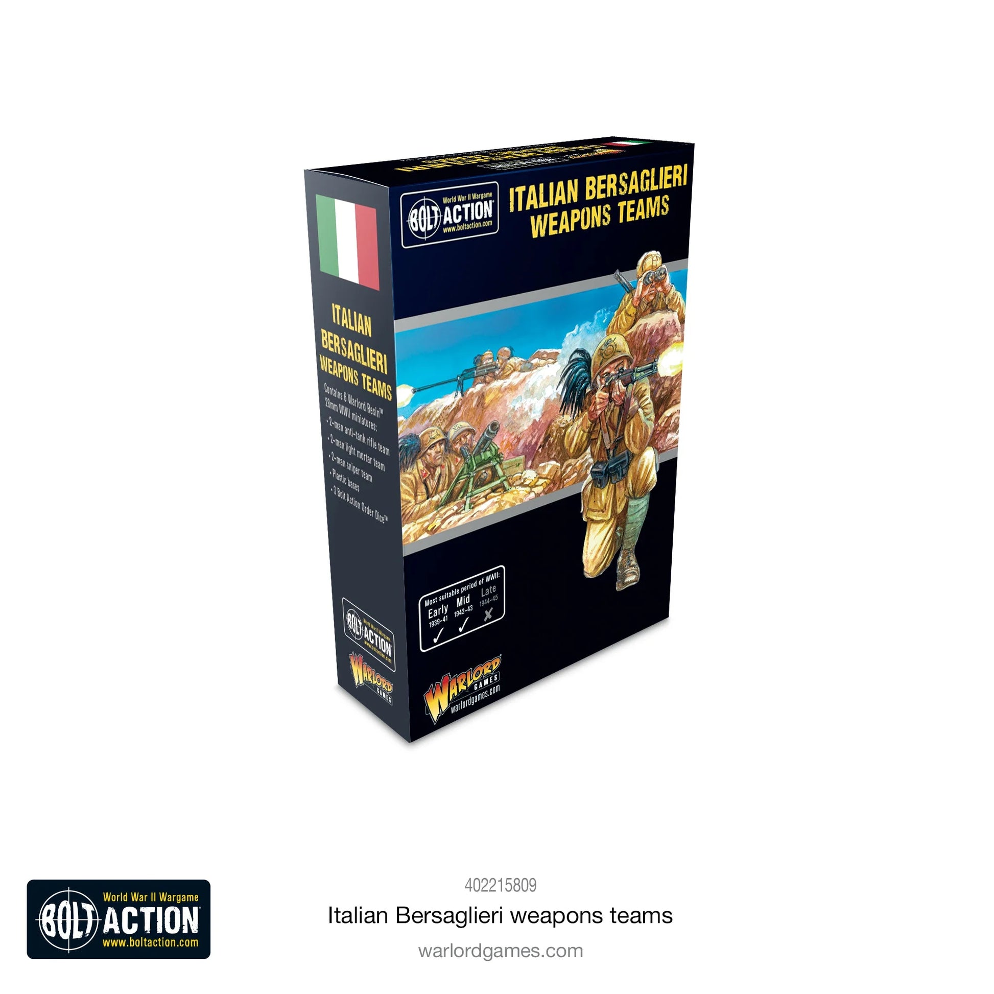 Italian Bersaglieri Weapons Teams - Bolt Action 28mm - opakowanie produktu z dramatyczną ilustacją: Bersaglieri z czarnymi piórami głuszca obsługujący karabin przeciwpancerny Solothurn na kołowym wózku w walce pustynnej - zawiera 6 figurek żywicznych Warlord Resin, 3 kostki rozkazów - flaga włoska - Warlord Games