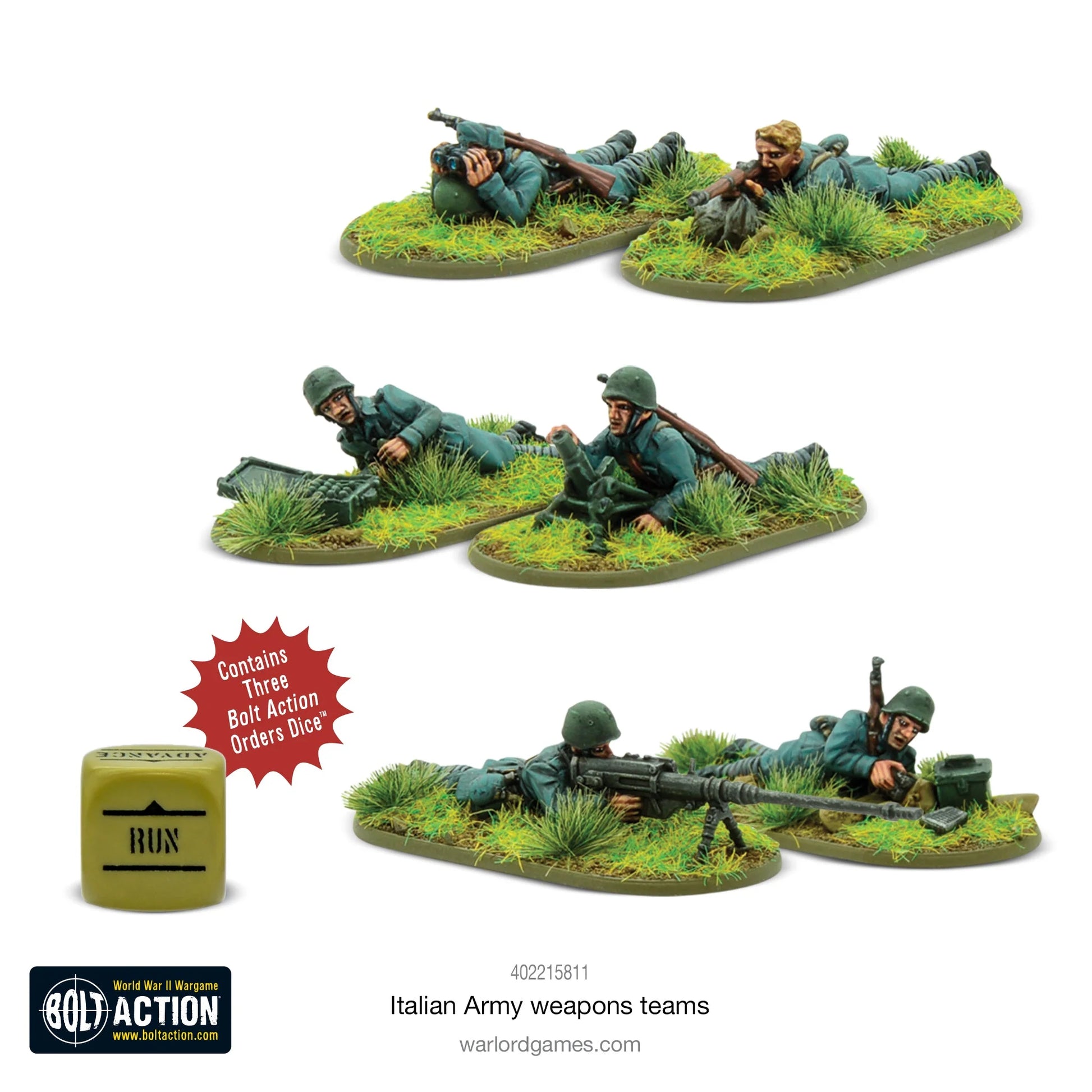 Italian Army Weapons Teams - Bolt Action 28mm - kompletny zestaw 6 pomalowanych figurek widok z przodu: zespół Solothurn przeciwpancerny (2 żołnierzy z karabinem na kołowym wózku), zespół snajperski (2 żołnierzy z Carcano Model 1891 i lornetką), zespół moździerza Brixia 45mm (2 żołnierzy z moździerzem) - mundury grigio-verde z hełmami stalowymi M33 - 3 kostki rozkazów RUN - podstawki z trawą - Warlord Games