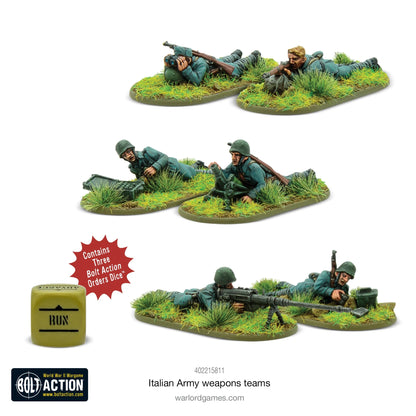 Italian Army Weapons Teams - Bolt Action 28mm - kompletny zestaw 6 pomalowanych figurek widok z przodu: zespół Solothurn przeciwpancerny (2 żołnierzy z karabinem na kołowym wózku), zespół snajperski (2 żołnierzy z Carcano Model 1891 i lornetką), zespół moździerza Brixia 45mm (2 żołnierzy z moździerzem) - mundury grigio-verde z hełmami stalowymi M33 - 3 kostki rozkazów RUN - podstawki z trawą - Warlord Games