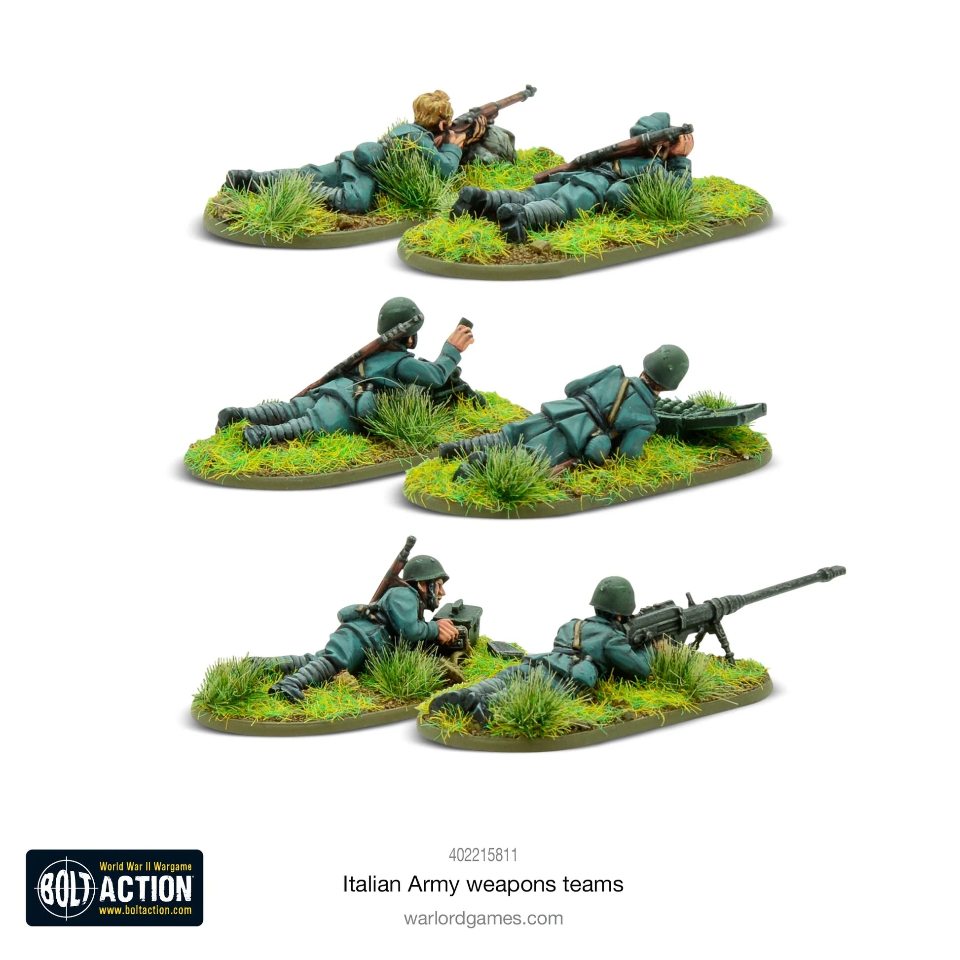 Italian Army Weapons Teams - Bolt Action 28mm - kompletny zestaw 6 pomalowanych figurek widok z tyłu: zespół Solothurn z plecakami i amunicją, zespół snajperski z wyposażeniem rozpoznawczym, zespół moździerza Brixia 45mm z amunicją moździerzową - hełmy stalowe M33, mundury grigio-verde - detale wyposażenia - skala 1/56 - Warlord Games