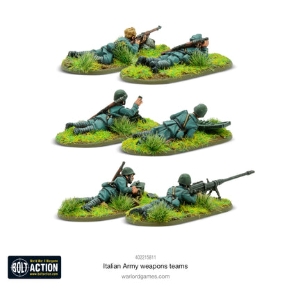 Italian Army Weapons Teams - Bolt Action 28mm - kompletny zestaw 6 pomalowanych figurek widok z tyłu: zespół Solothurn z plecakami i amunicją, zespół snajperski z wyposażeniem rozpoznawczym, zespół moździerza Brixia 45mm z amunicją moździerzową - hełmy stalowe M33, mundury grigio-verde - detale wyposażenia - skala 1/56 - Warlord Games