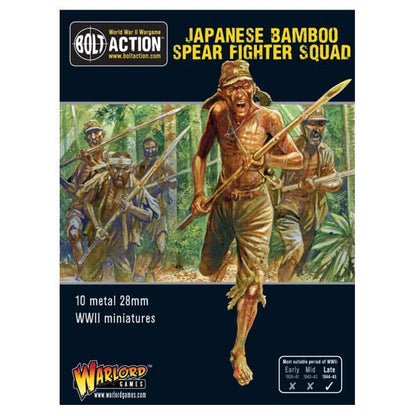 Japanese Bamboo Spear Fighter Squad - Bolt Action 28mm - opakowanie produktu z dramatyczną ilustracją japońskich żołnierzy z bambusowymi włóczniami w szarży Banzai przez dżunglę - 10 metalowych figurek 28mm - Warlord Games