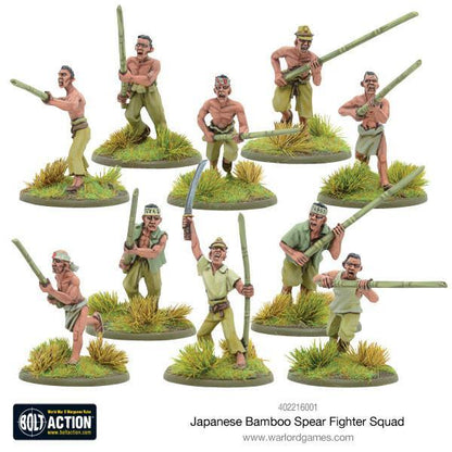 Japanese Bamboo Spear Fighter Squad - Bolt Action 28mm - kompletny oddział 10 pomalowanych figurek: NCO i żołnierze z zaostrzonymi bambusowymi włóczniami w obdartych mundurach khaki - podstawki dżungli - skala 1/56 - Warlord Games