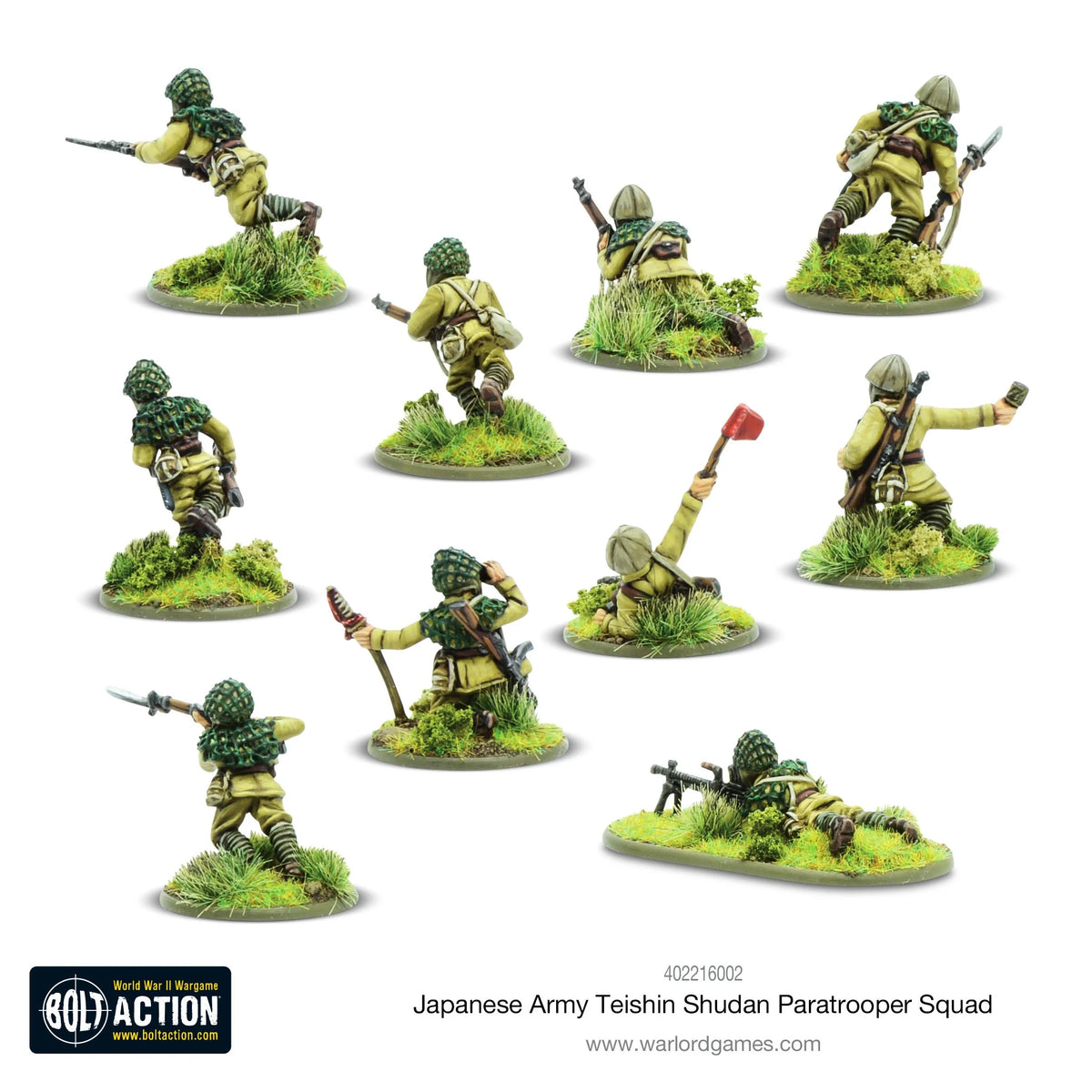 Japanese Teishin Shudan Paratrooper Squad Warlord Games 402216002 – 10 pomalowanych metalowych figurek japońskich spadochroniarzy 28mm Bolt Action, widok z tyłu i z boku, mundury khaki, hełmy z siatką maskującą, różne pozy bojowe: strzelec, sygnalista z flagą, obsługa LKM, logo Bolt Action, białe tło
