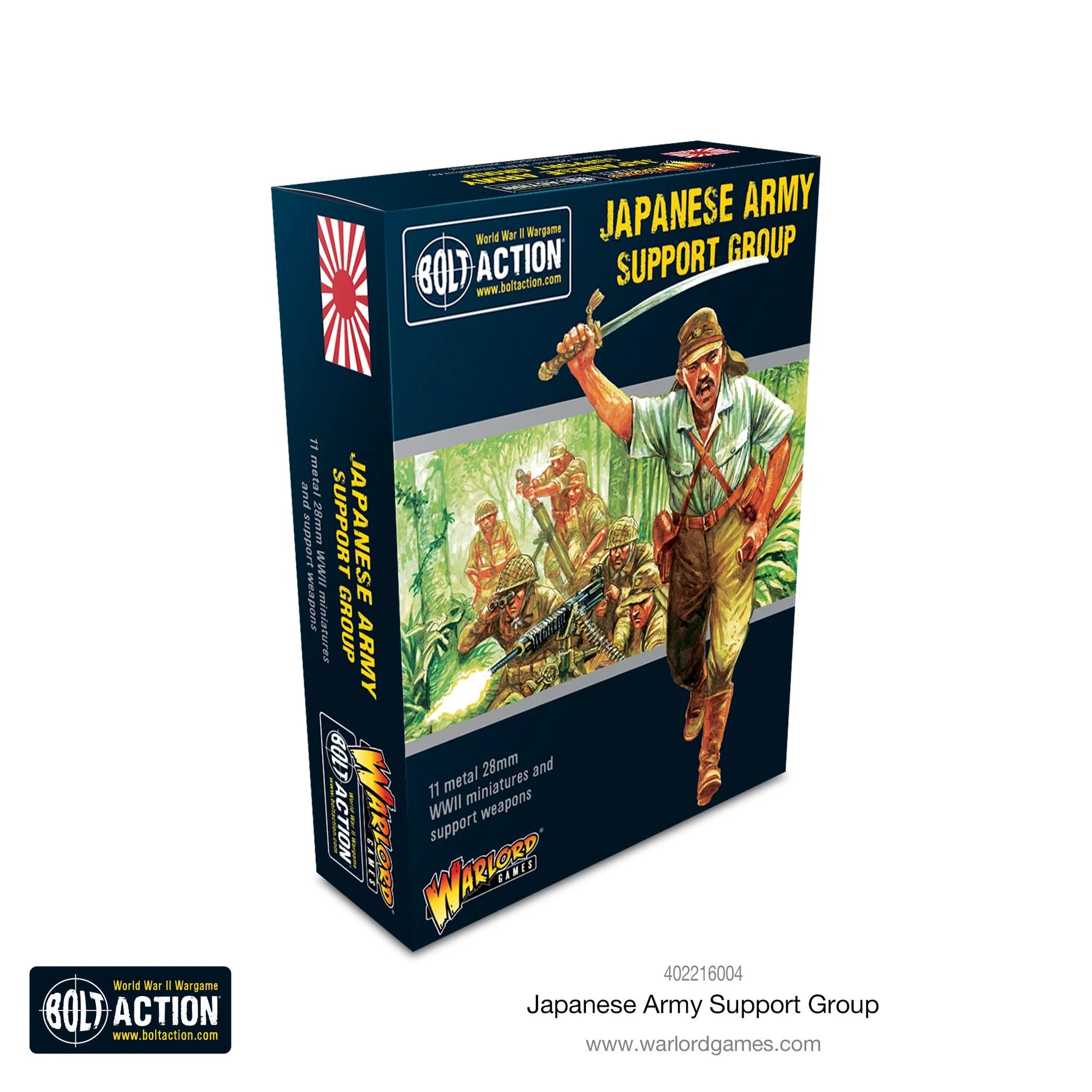 Japanese Support Group - Bolt Action 28mm - opakowanie produktu z dramatyczną ilustracją oficera z mieczem dowodzącego zespołami Type 92 MMG i Type 97 moździerza w dżungli - 11 metalowych figurek 28mm - Warlord Games