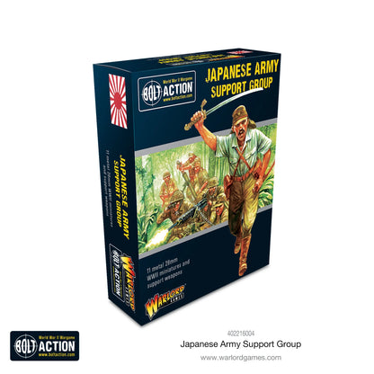 Japanese Support Group - Bolt Action 28mm - opakowanie produktu z dramatyczną ilustracją oficera z mieczem dowodzącego zespołami Type 92 MMG i Type 97 moździerza w dżungli - 11 metalowych figurek 28mm - Warlord Games