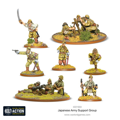 Japanese Support Group - Bolt Action 28mm - kompletny zestaw pomalowanych figurek: oficer z mieczem, oficer Kempei-tei z pistoletem, medyk, zespół Type 97 moździerza, zespół Type 92 MMG - mundury khaki z podstawkami dżungli - Warlord Games