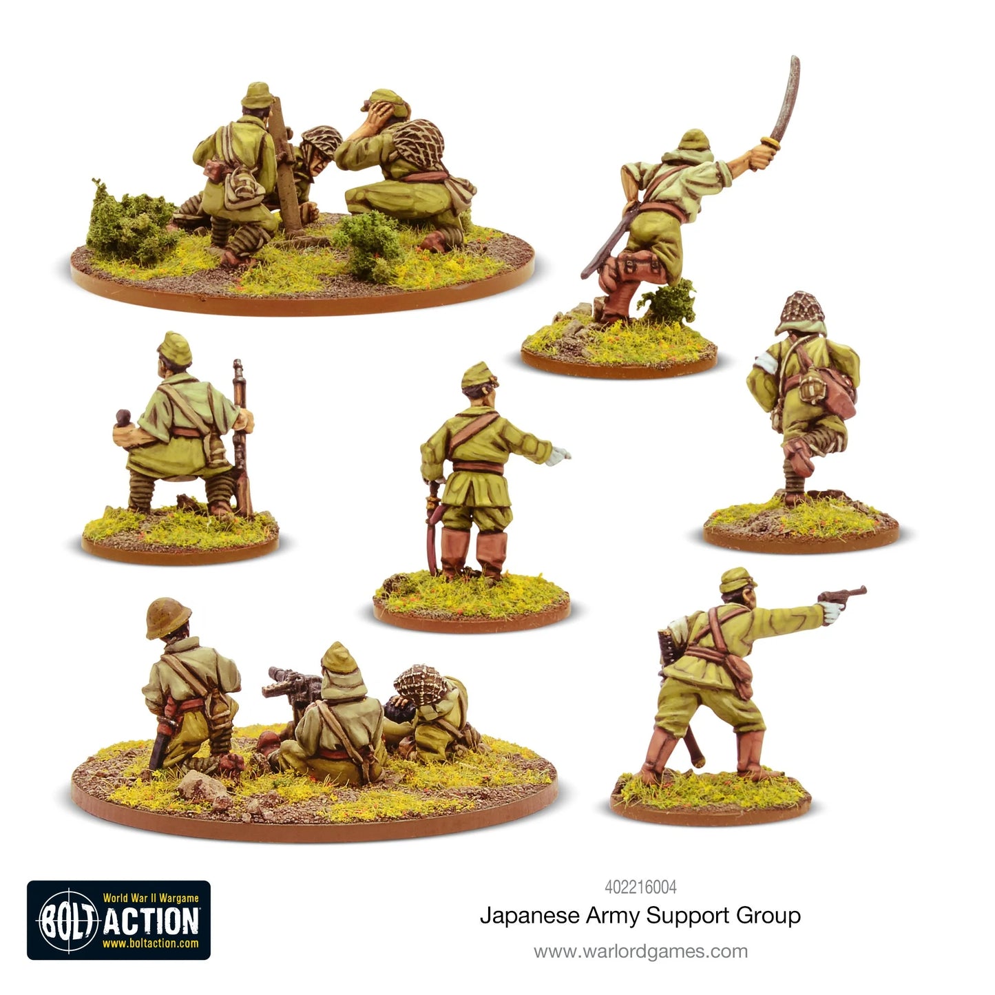 Japanese Support Group - Bolt Action 28mm - widok z tyłu: oficer z mieczem, oficer Kempei-tei, medyk z radiem, zespół Type 97 moździerza, zespół Type 92 MMG - detale mundurów i wyposażenia - skala 1/56 - Warlord Games