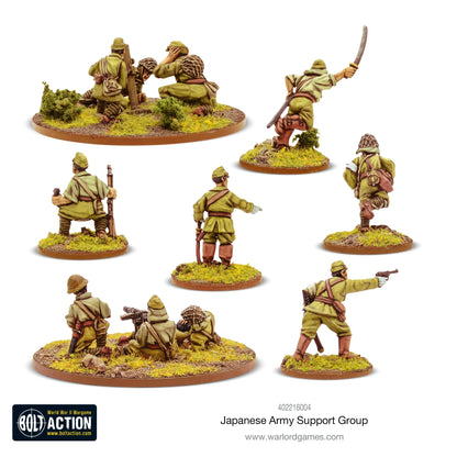 Japanese Support Group - Bolt Action 28mm - widok z tyłu: oficer z mieczem, oficer Kempei-tei, medyk z radiem, zespół Type 97 moździerza, zespół Type 92 MMG - detale mundurów i wyposażenia - skala 1/56 - Warlord Games