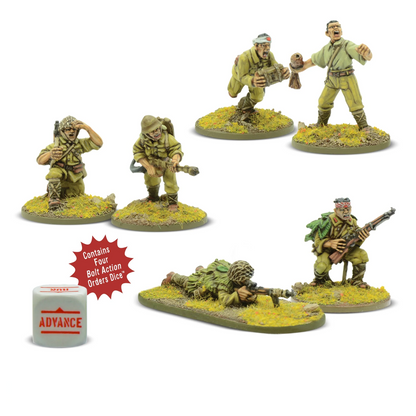 Japanese Army Weapons Teams - Bolt Action 28mm - kompletny zestaw pomalowanych figurek: 2 zespoły samobójcze przeciwpancerne z ładunkami, snajper z celownikiem teleskopowym, obserwator, zespół miotaczy ognia - 4 kostki rozkazów Advance - 6 figurek żywicznych - Warlord Games