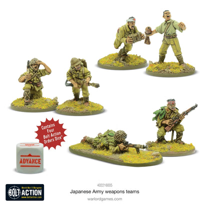Japanese Army Weapons Teams - Bolt Action 28mm - kompletny zestaw pomalowanych figurek: 2 zespoły samobójcze przeciwpancerne z ładunkami, snajper z celownikiem teleskopowym, obserwator, zespół miotaczy ognia - 4 kostki rozkazów Advance - 6 figurek żywicznych - Warlord Games