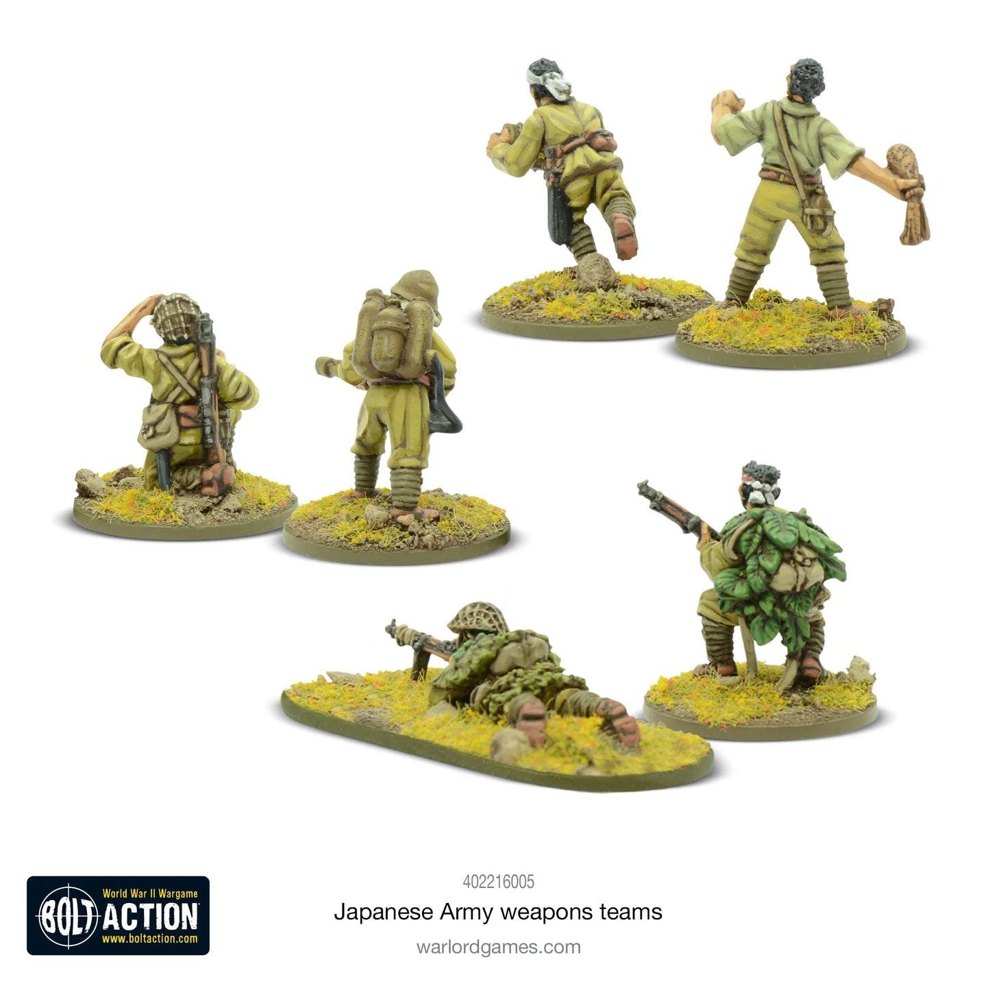 Japanese Army Weapons Teams - Bolt Action 28mm - widok z tyłu: 2 samobójców przeciwpancernych z ładunkami wybuchowymi, snajper z karabinem, obserwator z radiem, zespół miotaczy ognia - mundury khaki z podstawkami dżungli - Warlord Resin Plus - Warlord Games
