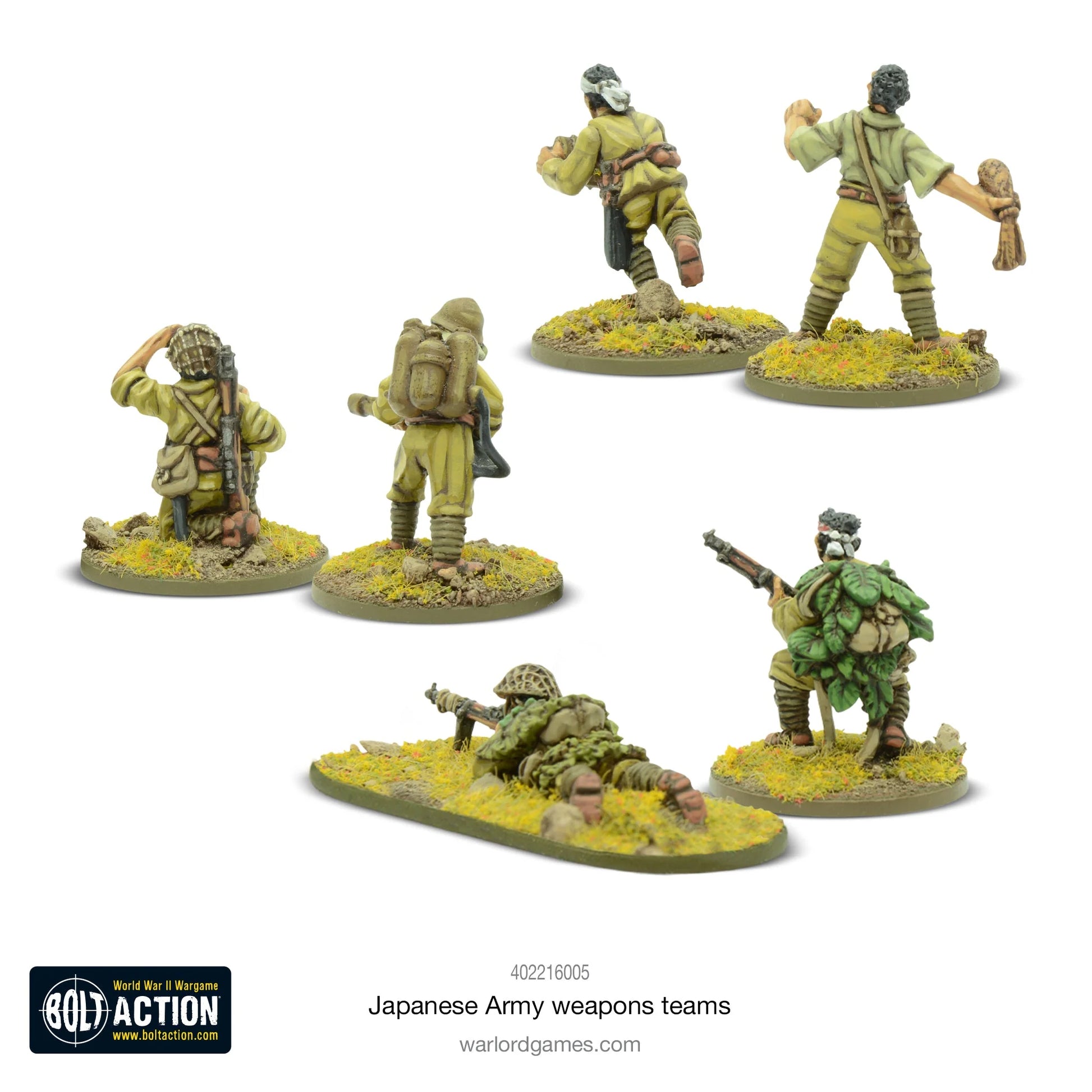 Japanese Army Weapons Teams - Bolt Action 28mm - widok z tyłu: 2 samobójców przeciwpancernych z ładunkami wybuchowymi, snajper z karabinem, obserwator z radiem, zespół miotaczy ognia - mundury khaki z podstawkami dżungli - Warlord Resin Plus - Warlord Games