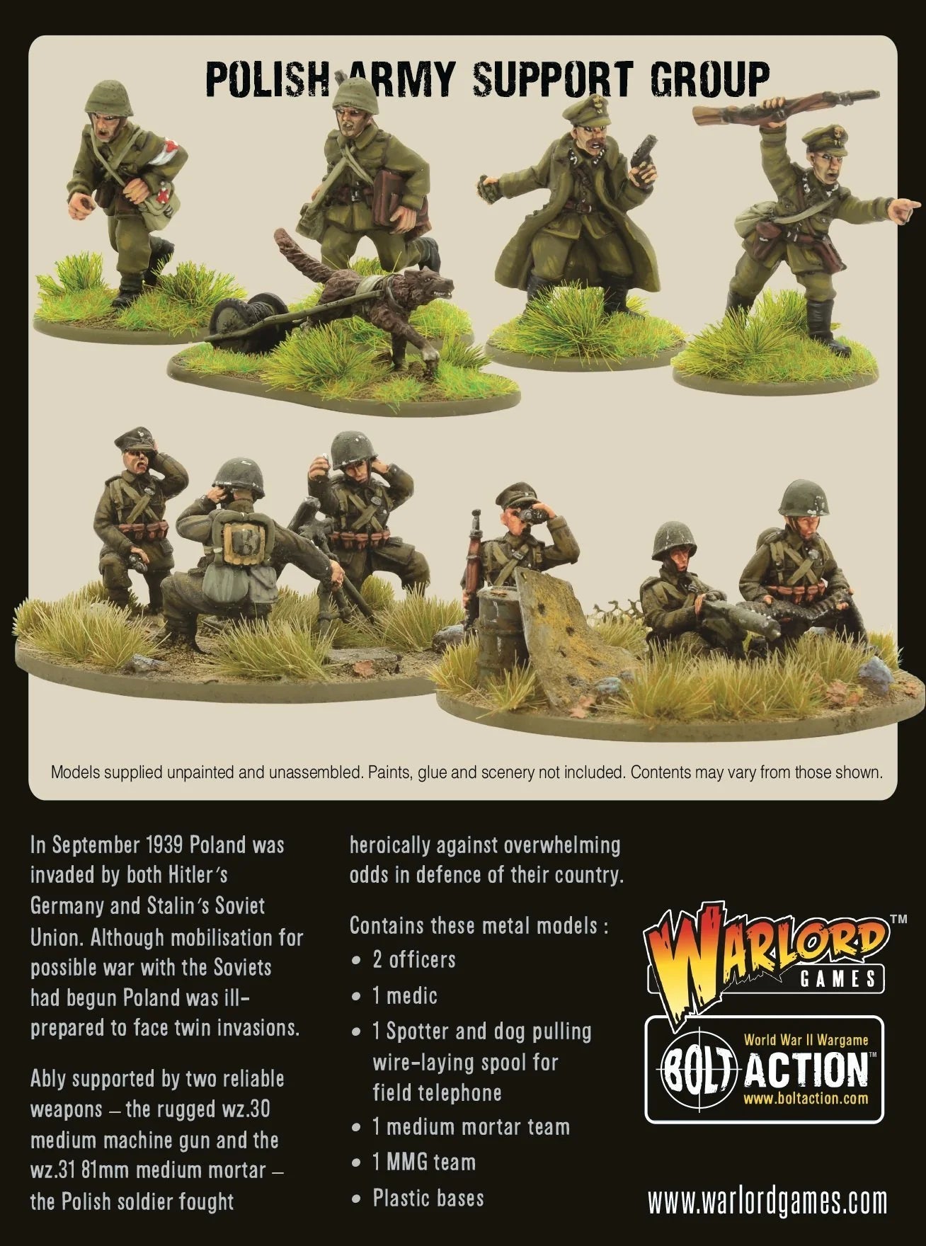 Polish Army Support Group – tył pudełka z zawartością zestawu: 2 oficerów, medyk, obserwator z psem, zespół CKM wz.30, zespół moździerza 81mm, figurki 28mm, Bolt Action, Warlord Games
