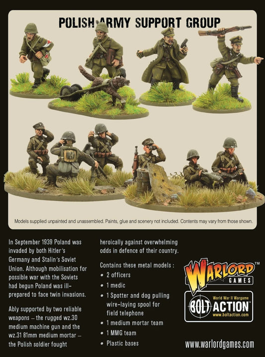 Polish Army Support Group – tył pudełka z zawartością zestawu: 2 oficerów, medyk, obserwator z psem, zespół CKM wz.30, zespół moździerza 81mm, figurki 28mm, Bolt Action, Warlord Games
