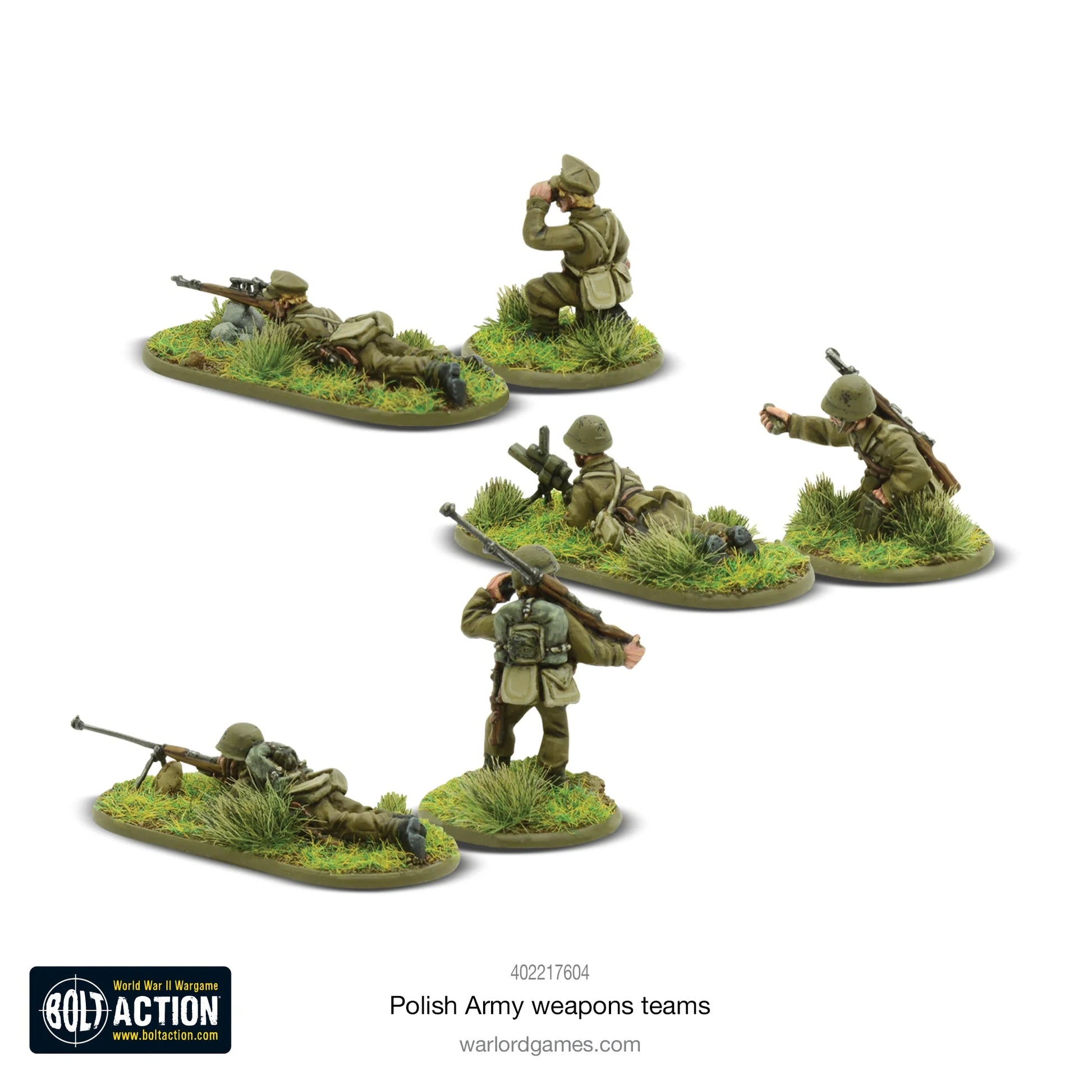 Polish Army Weapons Teams – 6 figurek 28mm: zespół snajpera, lekki moździerz 46mm i karabin przeciwpancerny wz.35, Bolt Action, Warlord Games 402217604
