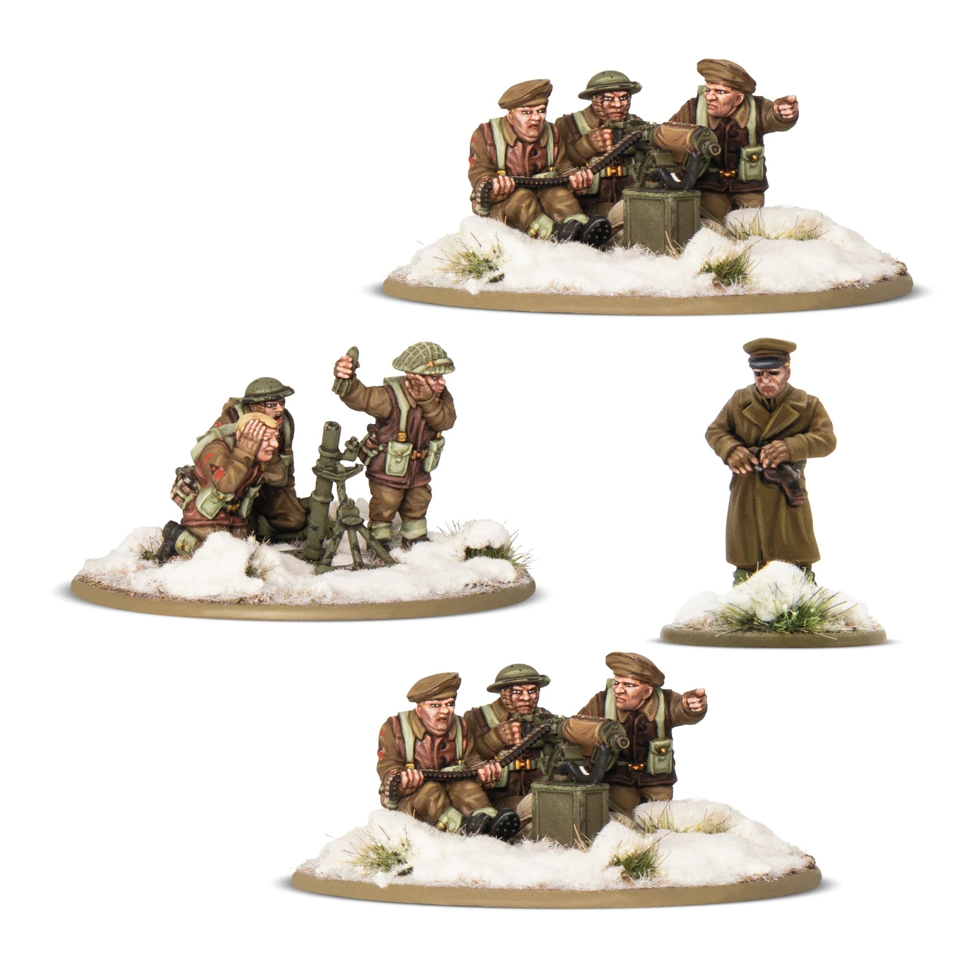 British & Canadian (Winter) Heavy Weapons Platoon Bolt Action Warlord Games - 4 pomalowane zestawy figurek 28mm na śnieżnych podstawkach: górny - zespół MMG (3 figurki w brązowych mundurach i beretach przy karabinie maszynowym Vickers), lewy środkowy - zespół moździerza średniego (2 figurki w hełmach Mk.II przy moździerzu), prawy środkowy - oficer dowódcy plutonu (1 figurka w długim płaszczu i czapce oficerskiej), dolny - drugi zespół MMG (3 figurki przy karabinie maszynowym Vickers), białe tło