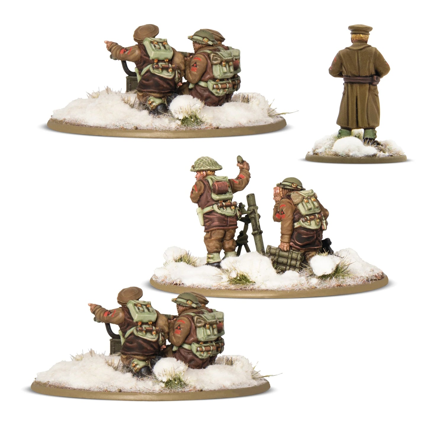 British & Canadian (Winter) Heavy Weapons Platoon Bolt Action - 4 pomalowane zestawy figurek 28mm widok z tyłu na śnieżnych podstawkach: górny lewy - zespół MMG (2 figurki z plecakami i czerwonymi naszywkami), górny prawy - oficer (1 figurka w długim płaszczu widok z tyłu), środkowy - zespół moździerza (2 figurki z plecakami przy moździerzu), dolny - drugi zespół MMG (2 figurki z plecakami i czerwonymi naszywkami), białe tło