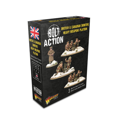 British & Canadian (Winter) Heavy Weapons Platoon Bolt Action - pudełko zestawu: czarne z żółtym napisem BRITISH & CANADIAN (WINTER) HEAVY WEAPONS PLATOON, logo Bolt Action, flaga Wielkiej Brytanii, zdjęcia 4 pomalowanych zestawów figurek na śnieżnych podstawkach, napis 3 Warlord Resin & metal 28mm heavy weapons teams, logo Warlord Games, kod 402411008