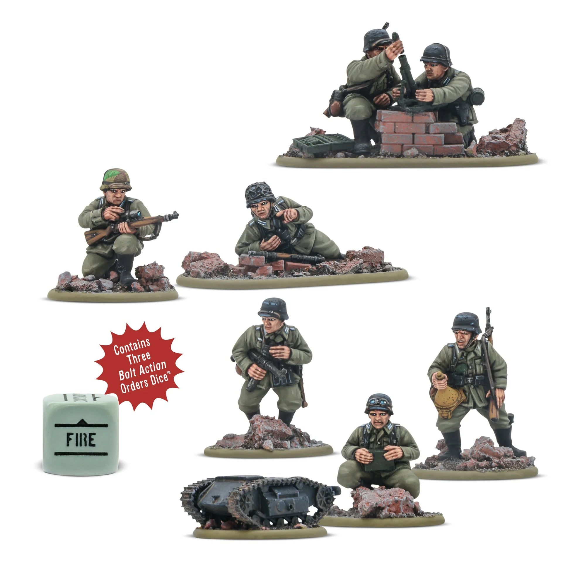 German Veteran Infantry Weapons Teams - Bolt Action 28mm - kompletny zestaw pomalowanych figurek: zespół snajperski, lekki moździerz, Goliath zdalnie sterowana mina z operatorem i 3 kostki rozkazów - skala 1/56 - Warlord Games
