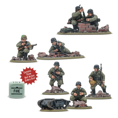 German Veteran Infantry Weapons Teams - Bolt Action 28mm - kompletny zestaw pomalowanych figurek: zespół snajperski, lekki moździerz, Goliath zdalnie sterowana mina z operatorem i 3 kostki rozkazów - skala 1/56 - Warlord Games