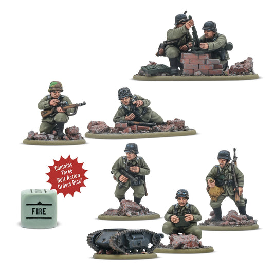 German Veteran Infantry Weapons Teams - Bolt Action 28mm - kompletny zestaw pomalowanych figurek: zespół snajperski, lekki moździerz, Goliath zdalnie sterowana mina z operatorem i 3 kostki rozkazów - skala 1/56 - Warlord Games