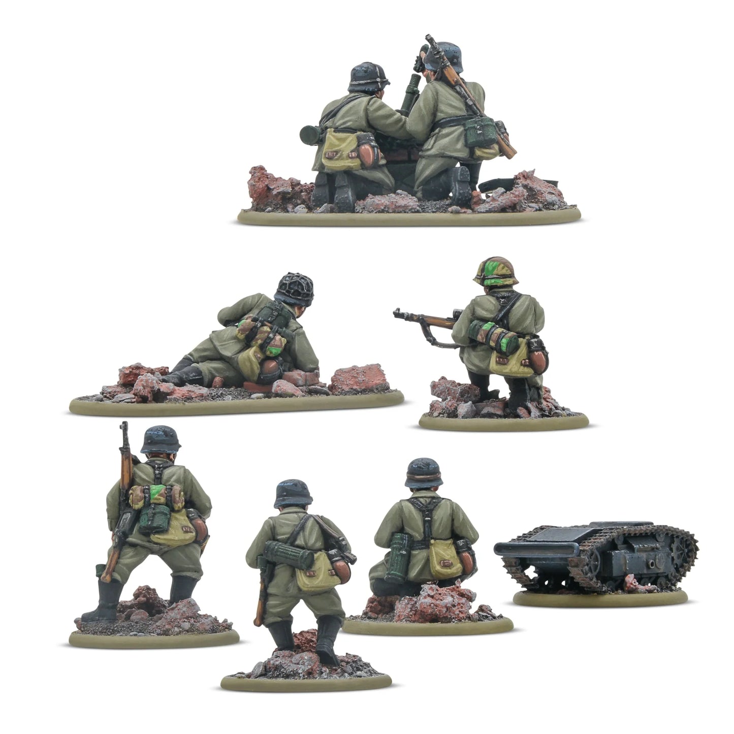 German Veteran Infantry Weapons Teams - Bolt Action 28mm - weterani Wehrmacht z Goliath: zespół snajperski, moździerz, operator z panelem sterującym i gąsienicowa mina - widok z tyłu - Warlord Resin - Warlord Games