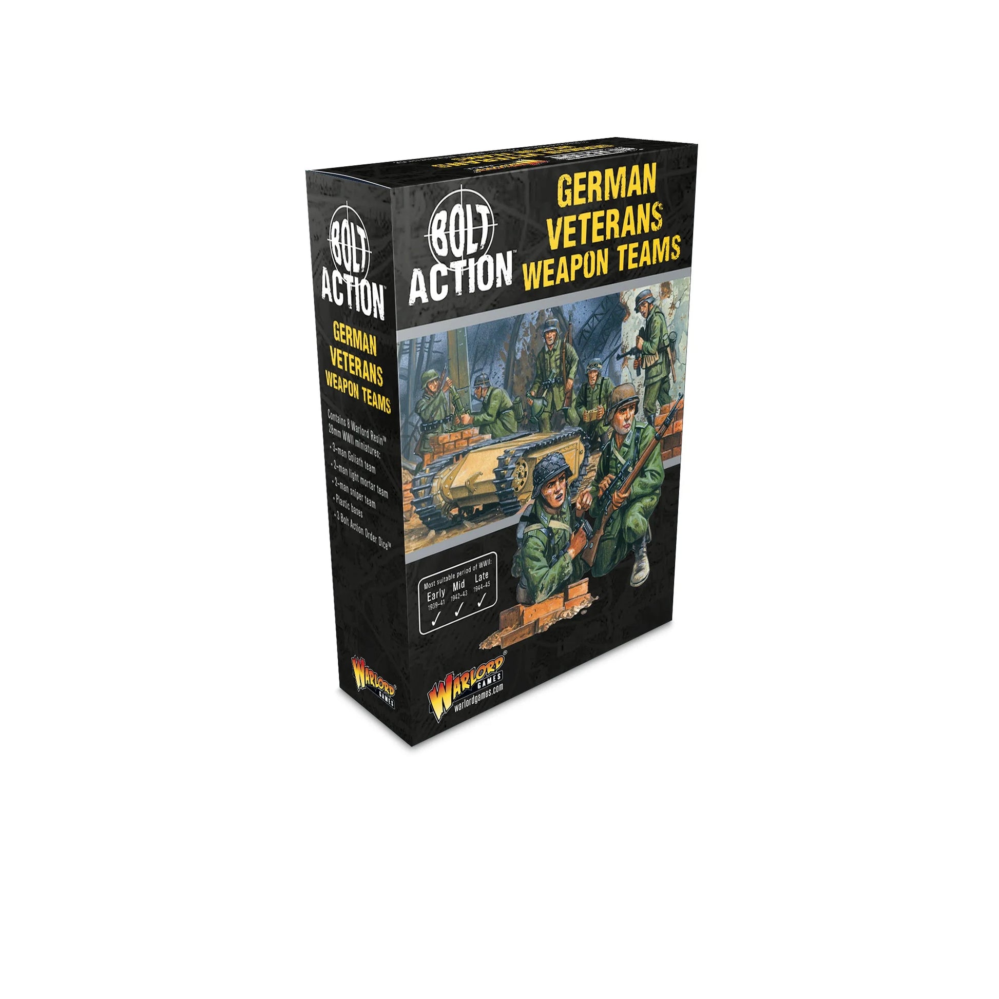 German Veteran Infantry Weapons Teams - Bolt Action 28mm - opakowanie produktu z ilustracją weteranów Wehrmacht w akcji z Goliath i bronią wsparcia - 7 figurek żywicznych - Warlord Games