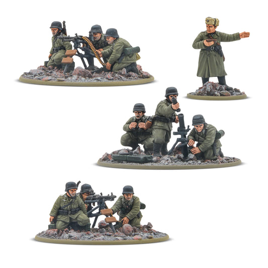 German Veteran Infantry Heavy Weapons Platoon - Bolt Action 28mm - kompletny pluton: dowódca, 2 zespoły MG 34 na trójnogach z załogami, zespół moździerza 81mm - 10 figurek weteranów Wehrmacht - skala 1/56 - Warlord Games