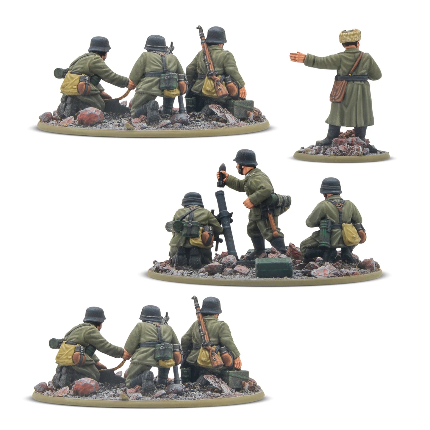 German Veteran Infantry Heavy Weapons Platoon - Bolt Action 28mm - widok z tyłu: dowódca wydający rozkazy, zespoły MG 34 i moździerza 81mm z detalami wyposażenia - Warlord Resin i metal - Warlord Games