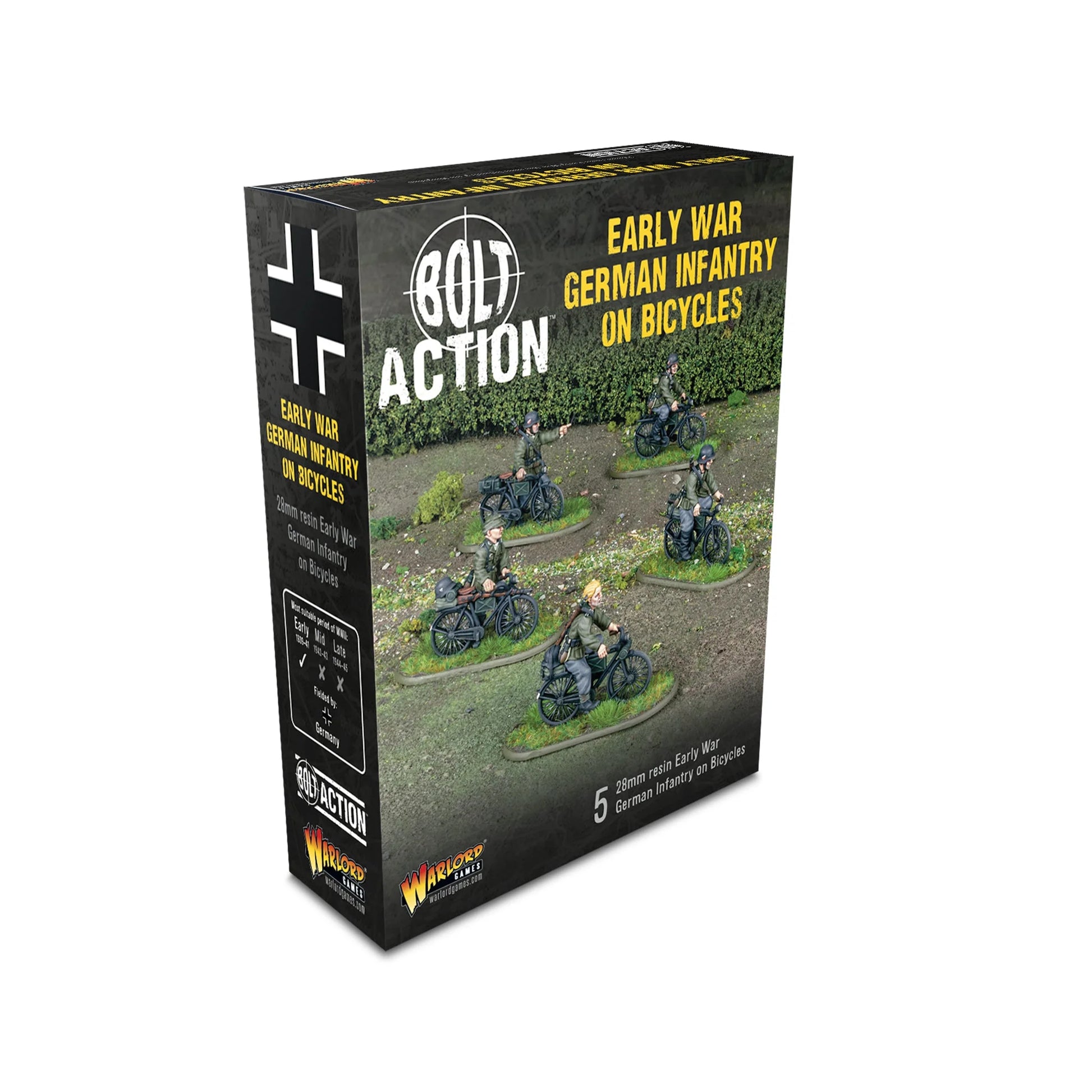 Warlord Games Early War German Infantry on Bicycles – diorama: 5 żołnierzy Wehrmachtu na rowerach przed budynkiem z łukiem, zielone mundury i hełmy stalowe 28mm Bolt Action
