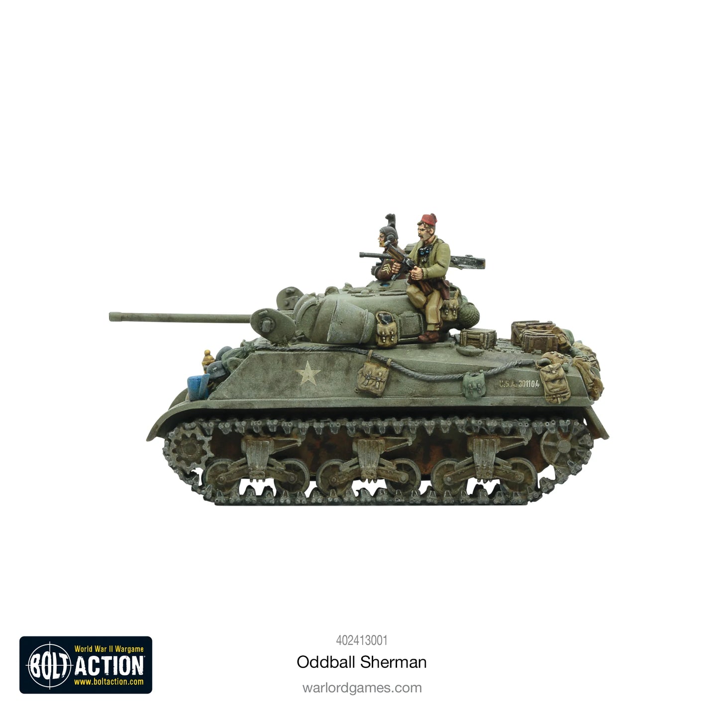 Oddball Sherman M4 Kelly's Heroes - widok z prawej strony z załogą, gwiazda USA, numer 30110A, detale gąsienic, skala 28mm
