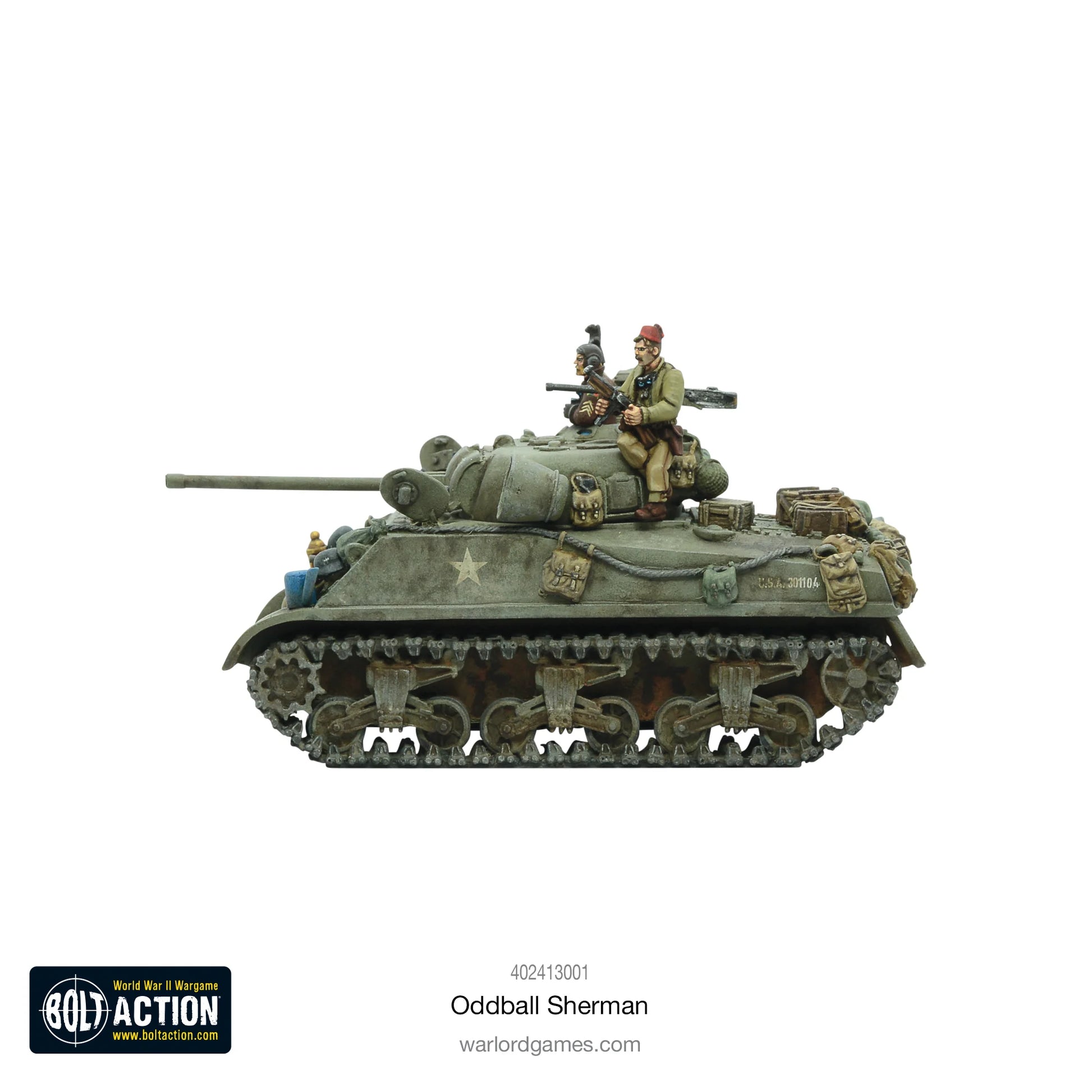 Oddball Sherman M4 Kelly's Heroes - widok z prawej strony z załogą, gwiazda USA, numer 30110A, detale gąsienic, skala 28mm
