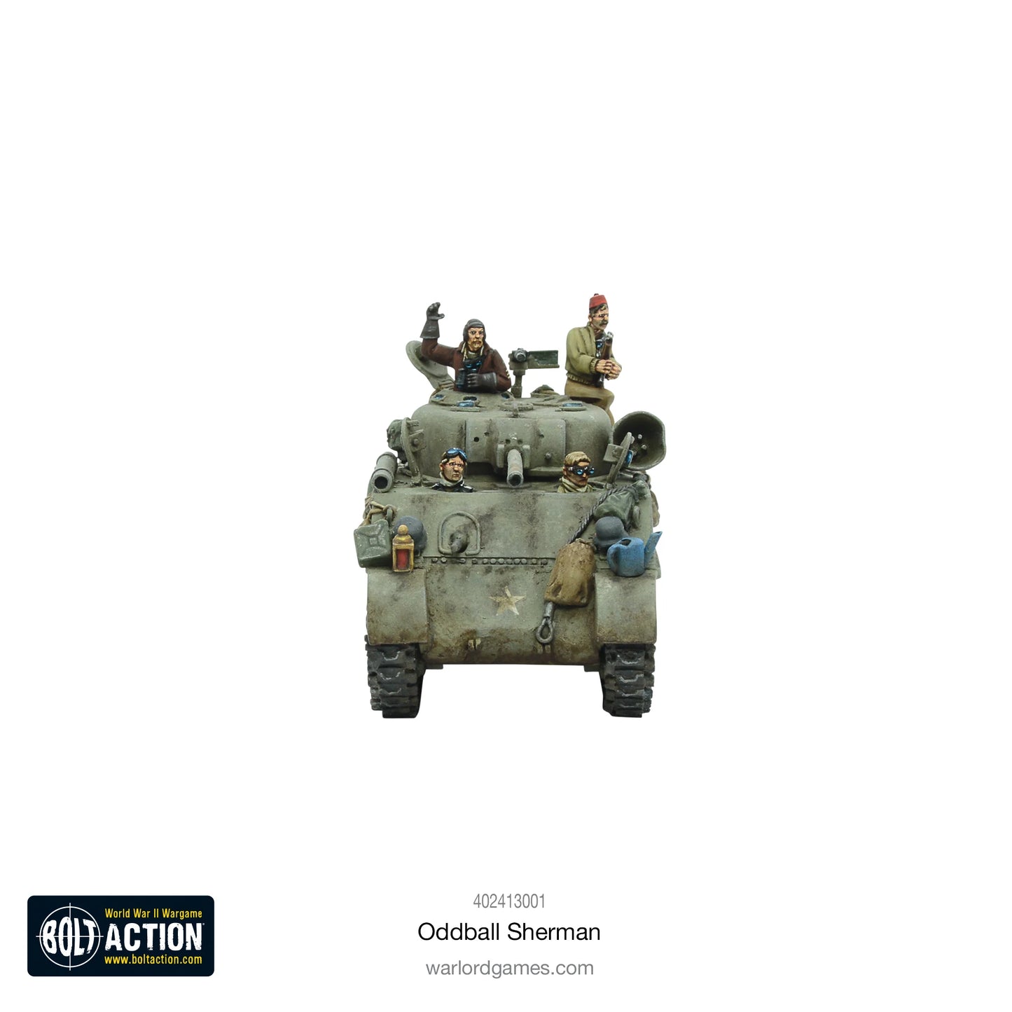 Oddball Sherman Kelly's Heroes widok z przodu - załoga Oddball z charakterystycznymi postaciami z filmu, gwiazda USA, weathering, Bolt Action 1/56
