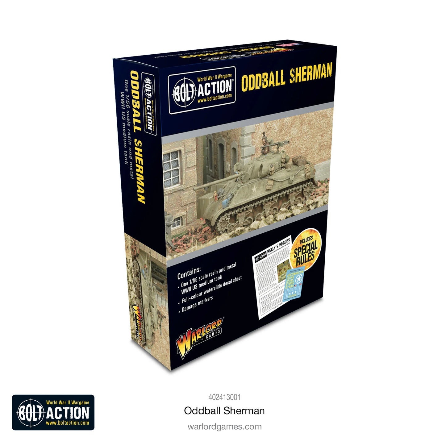 Oddball Sherman Kelly's Heroes Bolt Action - opakowanie Warlord Games z czołgiem z filmu, zasady specjalne, żywica i metal 1/56
